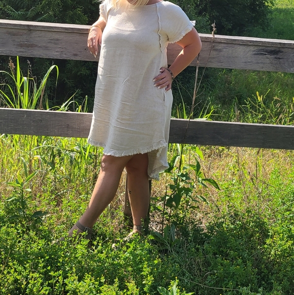 Umgee Oatmeal High Low Linen Dress with Fringe Hem - Picture 4 of 13